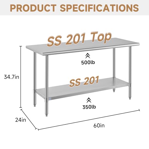 Image of ROCKPOINT All Stainless Steel Table for Perp & Work 24x60 Inch,Commercial Heavy Duty Workbench with Stainless Legs & Adjustable Undershelf, 850 lb Capacity for Restaurant,Home and Outdoor Kitchens