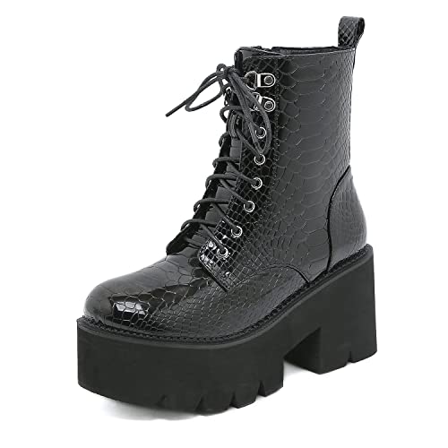Bottes Gothique Femmes à Talons Bloc et Plateforme en Microfibres à Lacets