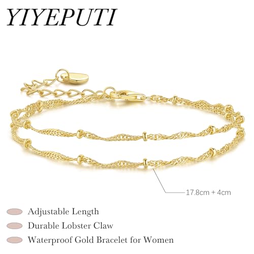 14K Gold Bracelets for Women Gold Bracelets for Women Beaded Bracelet for Womens Double-Layer Twisted Design Cuban Link Layered Bracelet for Womens Adjustable Size (7-8.6) in2