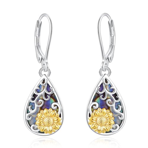 EUDORA Harmony Ball Pendientes de Girasol para Mujer S925 Plata de Ley Concha de Abulón, Girasol Pendientes de Lágrima Joyería Regalos Original para Mujeres Madre