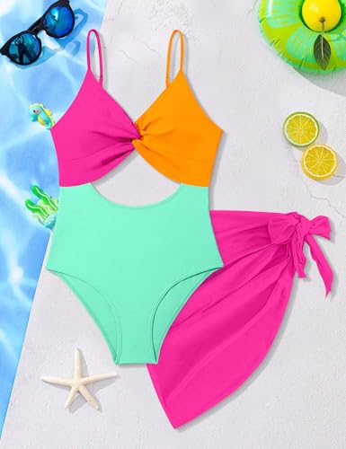 NECIOUS Girls Swimsuit One Piece Girl Bathing Suits Color Block Cutout Teen Girls' Swimwear with Cover Up Skirt Size 14-164