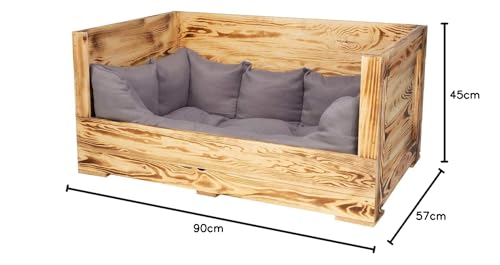 Truhenking Tolles Hundebett aus Holz mit Polsterung Holzkiste mit besonderer Holzmaserung und großem Einstieg| Neu | 90x57x45cm | Hundebett mit dickem & warmen Polster