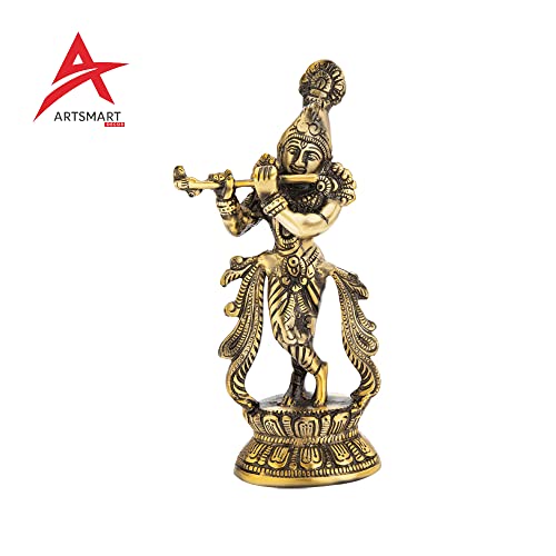 Image of ARTSMART Lord Krishna Idol Statue Flute Playing Krishan Krishna Idols Decorative Showpiece Figurine for Pooja Room Gift (Brass Antique)