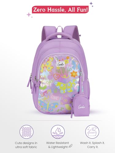 Image of Genie Doddle School Backpack For Girls |15 Inch-20 Litres With Three Compartments, Light Weight with Padded Shoulders |Best for Books, Water Bottles, Stationery, Lunch Box & Essentials - Lavender