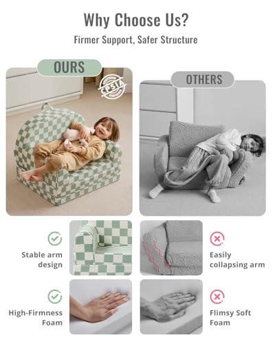 Image of Blissful Diary Kids Couch, 2-in-1 Comfy Kids Chair for Reading, Playroom, Kids Couch Sofa for Girls Boys Birthday Gift, Sage Checkered