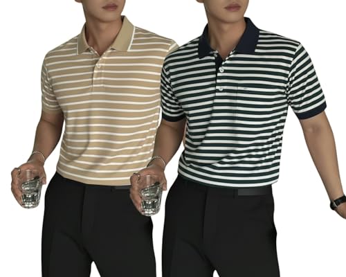 Image of MACK JONNEY Men's Cotton Polo T-Shirt | Regular Fit | Short Sleeve | Striped Casual Wear | Pack of 2 -MJ-1