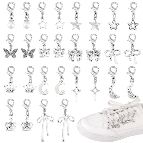 PH PandaHall 28pcs 14 Styles Clip on Charm Pendants Alloy Shoes Decoration Charms Antique Silver Star Bow Shoe Lace Charms with Lobster Clasp for Sneakers Canvas Shoes Boots Jewelry Making