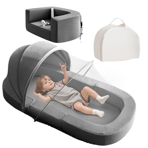 MOOITZ Portable Toddler Floor Bed, 4-in-1 Convertible to Sofa Chair, Kid Feeding Seat and Lounger, Foldable Floor Bed for Outdoor and Indoor, Travel Cot with Washable Cover, Removable Canopy (Grey)