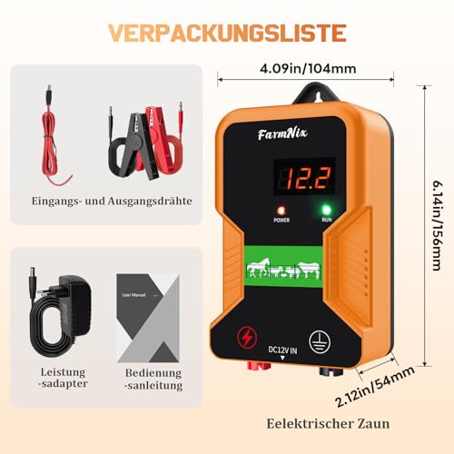 12V Weidezaungerät mit LED Anzeige, 2J Wasserdicht Elektrischer Weidezaun 230V für 15 KM Reichweite, LED Display Eelektrozaun für Schutz von Nutztieren,Haustieren,Geflügel, Hausweide,Gärten (Orange)