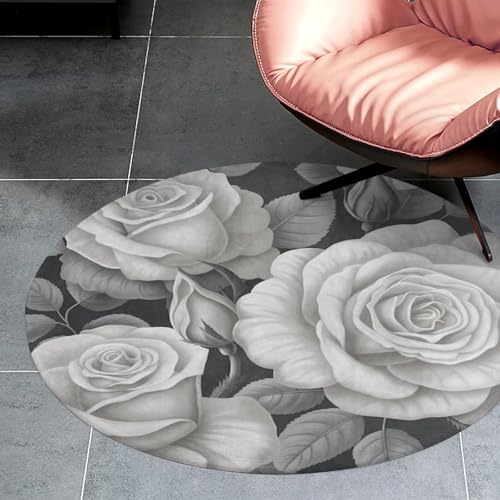 Alfombra redonda gris de 60 cm lavable con diseño de rosas 3
