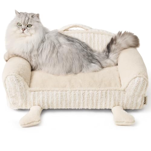 EHEYCIGA Washable Dog Beds for Small Dogs 24 Inch - Striped Cat Couch for Indoor Cats with Removable Cover, Shredded Memory Foam Waterproof Puppy Bed with Non - Slip Bottom, Cream