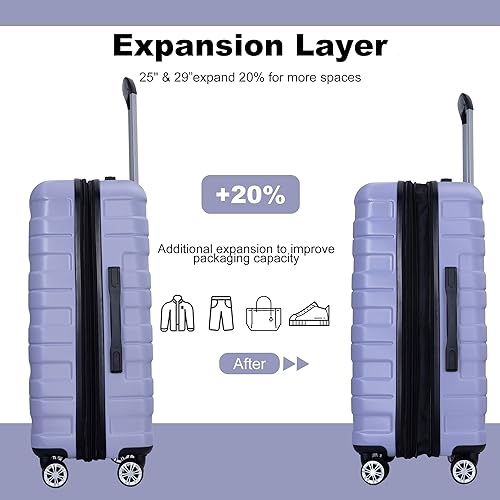 3 Piece Luggage Sets PC Lightweight & Durable Expandable Suitcase with Two Hooks, Double Spinner Wheels, TSA Lock, (21/25/29) Light Purple4