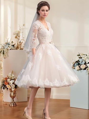 Lace Boho Vintage Wedding Dresses for Bride Long Sleeve Tea Length Wedding Dress for Women Tulle A Line Bridal Shower Dress4