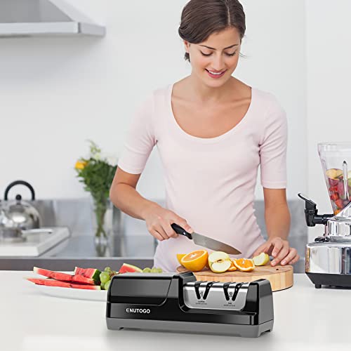 Enutogo Knife Sharpeners, Electric Knife Sharpener With Diamond Abrasives For 20-Degree Straight Edge And Serrated Knives, Professional 2-Stages Kinfe Sharpening And Polishing For Kitchen, Black #TOP5