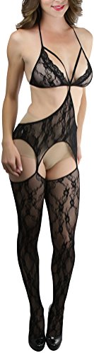 Image of ToBeInStyle Women's Bodystocking Crotchless Peek-A-Boo Fishnet Lace Bodysuit