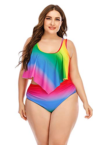 Wellwits Women's Plus Size Rainbow Gradient Color Ruffle Top Bikini Set Swimsuit