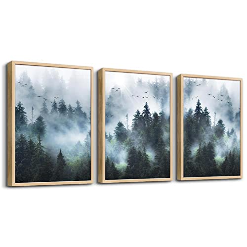 Framed Canvas Wall Art For Living Room Family Wall Decorations For Bedroom Wall Decor Foggy Forest Trees Landscape Paintings Room Pictures Artwork Home Decor Canvas Art Prints(Natural Wood Framed) #TOP6