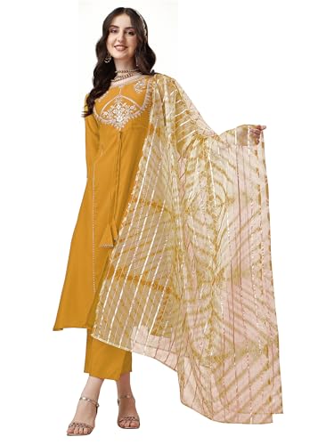 Image of EthnicJunction Women's Chinon Embroidered Straight Front Slit Kurta Palazzo & Organza Dupatta Set | Wedding | Heavy | Outfit | Suit