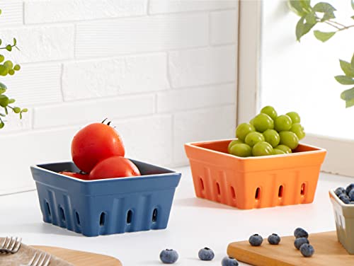 Onemore Ceramic Berry Basket, Square Fruit Bowls, Rustic Stoneware Berry Colander Set Of 2, Orange & Blue #TOP1