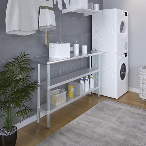 Image of AmGood Stainless Steel Work Table with 2 Shelves | NSF | Metal Utility Table (60 inch Long x 14 inch Deep)