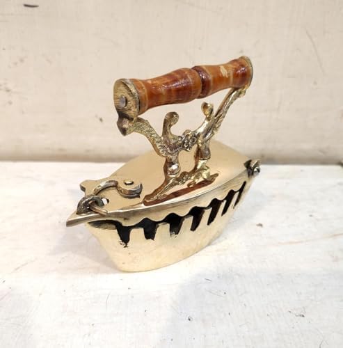 Vintage Decorative Brass Charcoal Iron Press Box with Wooden Handle, Gold Finish image 4