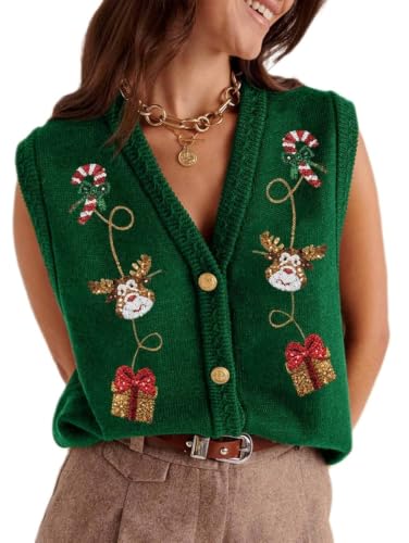 Image of Women Christmas Sweater Vests Santa Claus Sleeveless Cardigan | Women Christmas Sequin Sweater Vests, Button Down, Gingerbread Man Print, Christmas Holiday Tank Top