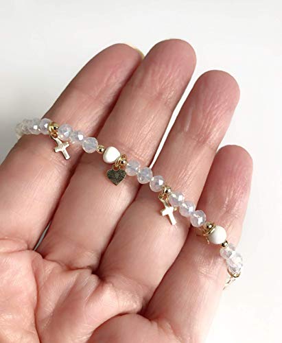 Sifrimania Cross Charm Bracelet Beaded White Crystal Catholic Gift For Women Or Girls thumb #2