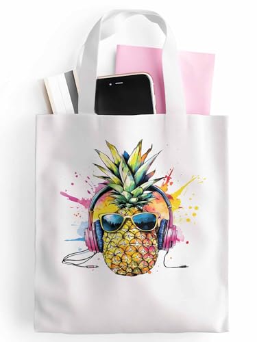 Canvas Tote Bags,Grocery Shopping Cloth Bag Pineapple Headphone Reusable Shoulder Bags Tote Bag for Travel Work Gym2