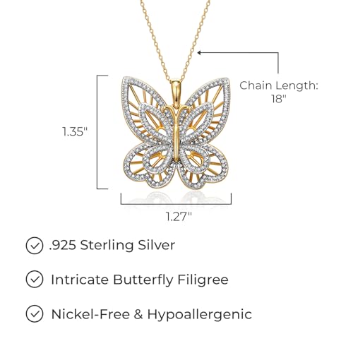 MORGAN & PAIGE .925 Sterling Silver 18K Gold Plated Butterfly Necklace with Diamond Accent - Elegant Filigree Gold Necklace for Women Diamond Pendant Butterfly Gifts for Women, 18 inch3