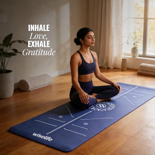 Image of WiseLife Lotus Alignment 10mm Yoga Mat with Strap | Non-Slip Thick Exercise Mat for Yoga, Pilates, Gym & Flexibility Training (Blue)