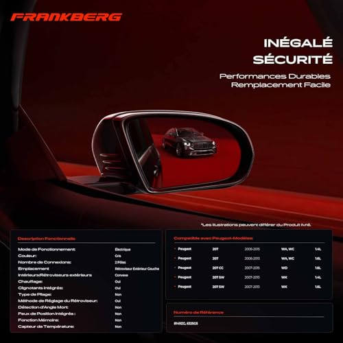 Rétroviseur gauche compatible 207 avec platine d'ajustement pour miroir 8149ZG