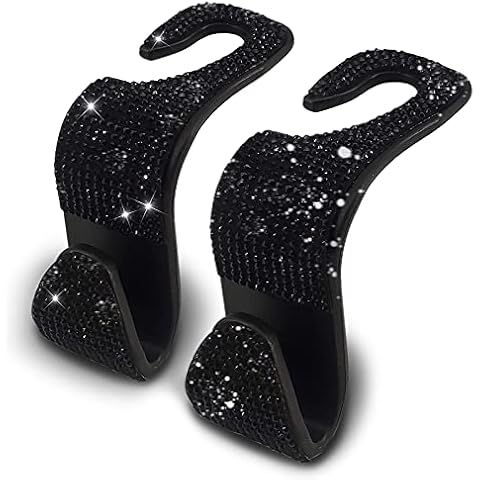 OSIFIT 2PCS Car Seat Hooks - Bling Rhinestone Headrest Hooks with Universal Design - Perfect for Holding Handbags, Clothes, Purses, and Water Bottles - Black Cover