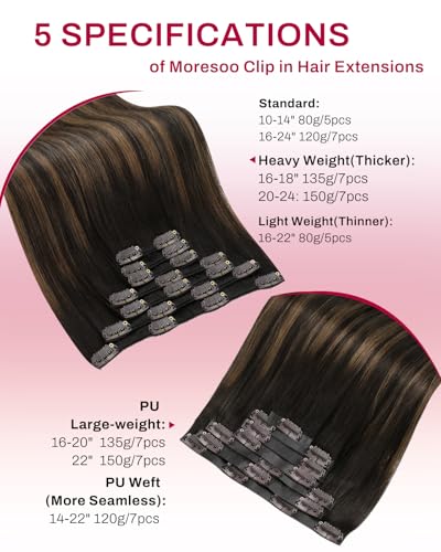 Image of Moresoo Seamless clip in hair extensions, Balayage Brown 18inch, PU Weft | Human hair clip in extensions, ombre dark brown to chestnut brown, 135g 7pcs, for glam styling, fuller natural hair effect