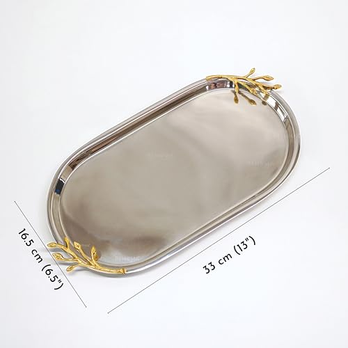 Image of BEHOMA Golden Twig Oval Serving Platter, 13 inch | Oval stainless steel platter with brass leaf handle, 13 inch; elegant serveware for Navratri & Durga Puja.