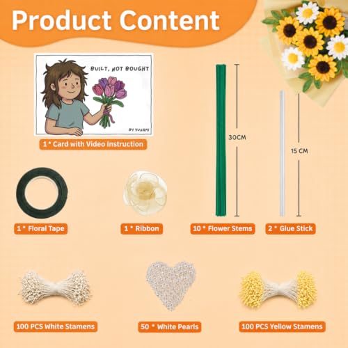 Image of YUNAMI Chenille Stems for DIY Flower Making - 200 Pcs Pipe Cleaners with Floral Wire, Tape, Stamen & Pearls - Premium Bouquet Supplies for Home Decor & Gifting (200, Yellow)