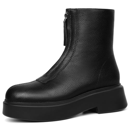 BeeLg Women's Platform Ankle Boots Chunky Chelsea Short Fall Booties Front Zipper Combat Leather Boot Black Size 7.5