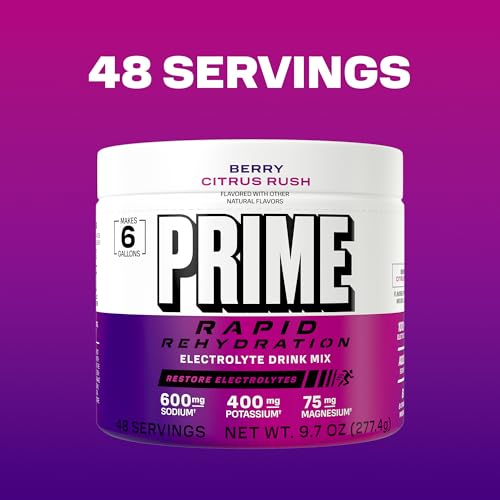Image of Prime Rapid Rehydration Electrolyte Powder, Berry Citrus Rush, Sugar Free Hydration Drink Mix with Sodium, Potassium, Magnesium & B Vitamins to Replenish Fluids, Caffeine Free, 6 Gallon Tub, 48 SRV