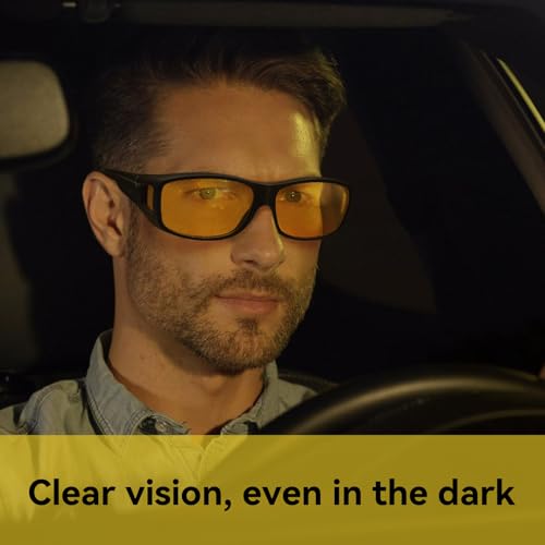Night Vision Driving Glasses Fit Over Glasses for Men Women Anti Glare Polarized HD Night Time Glasses for Driving Yellow Len2