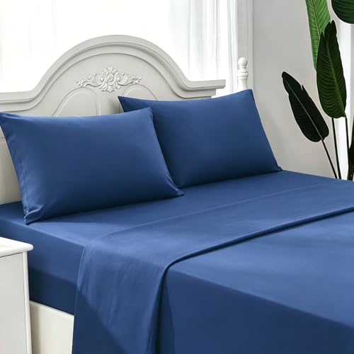 Juego de Sabanas 4 Piezas   Bajera para Cama 150x190cm, Encimera de 230x260cm y Dos Fundas de Almohada de 50x75 cm, 100% Poliéster(Azul, Cama 150)
