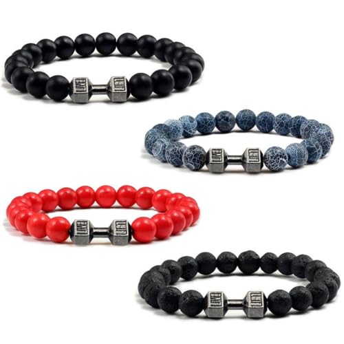 Bracelet haltère en pierre de lave véritable et métal ciselé - 4