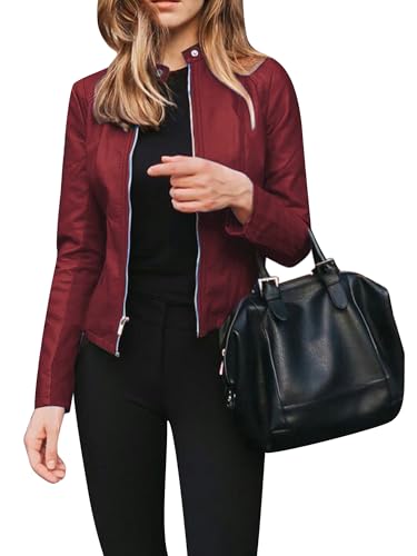 ensswliz Damen Mode Kurz Slim Lederjacke Klassischer Stehkragen Langarm Full Zip Up Kunstleder Moto Jacke Herbst Langarm Mantel, weinrot, S ensswliz Damen Mode Kurz Slim Lederjacke Klassischer Stehkragen Langarm Full Zip Up Kunstleder Moto Jacke Herbst Langarm Mantel, weinrot, S