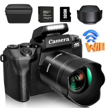 Saneen Digital Camera, 4k Cameras for Photography & Video, 64MP WiFi Touch Screen Vlogging Camera for YouTube with Flash, 32GB Card, Lens Hood, 3000mAH Battery, Front and Rear Cameras -