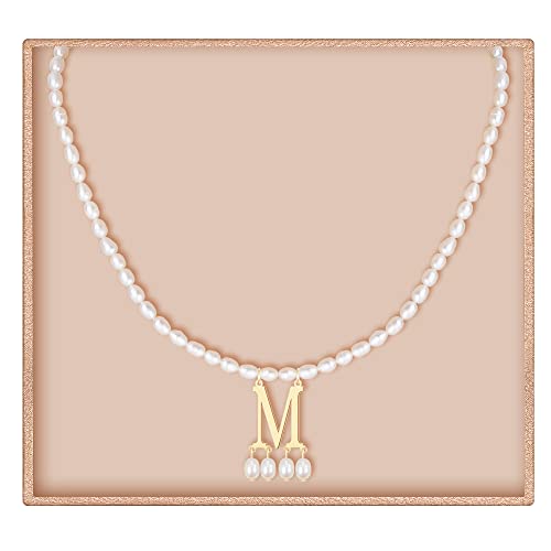 JSJOY Initial Necklace for Women Gifts for Mom from Daughter 925 Sterling Silver Pearl Chokers Necklace Letter M Necklace for Girls Anniversary Necklace Gifts for Graduation for Her