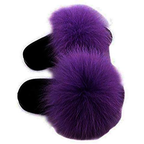 DAYISS Women Real Fox Fur Slippers Summer Feather Open Toe Single Strap Slip On Sandals,Size 7,Purple Cover