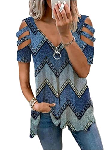 Women's Cold Shoulder Tops Tee Sexy Summer V Neck Loose T Shirts Casual Short Sleeves Zipper Floral Print Blouse