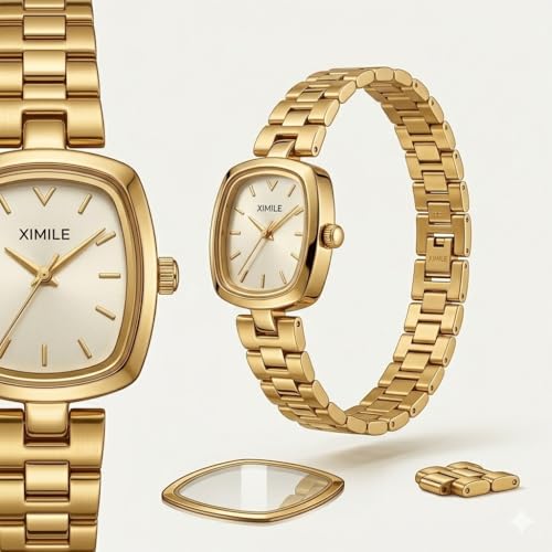 Image of AH Trendy Watches for Women | Anti Tarnish Gold Plated Stainless Steel Rectangular Small Dial Watch | Water Resistant Analog Wrist Watch for Women & Girls | Gift for Valentine, Birthday & Anniversary
