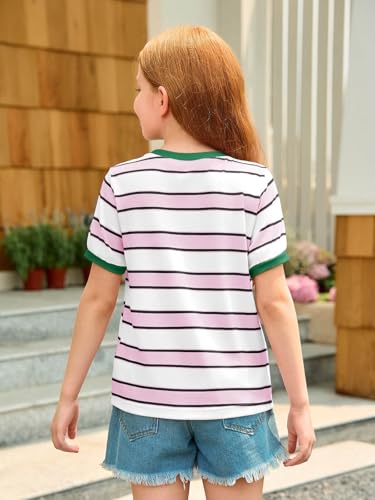 Image of Haloumoning Girls Striped Short Sleeve T Shirts Kids Summer Casual Tops Crewneck Tees Blouses 5-14Y