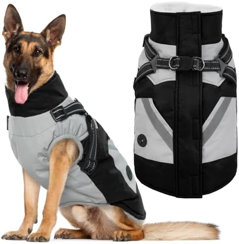 IECOii Dog Coat for Large Dogs Waterproof Dog Winter Jacket with Harness Built in, Black - XXLarge, Thermal Warm Fleece Lined, Reflective Dogs Jackets for Cold Weather Camping, Hiking, Pitbull