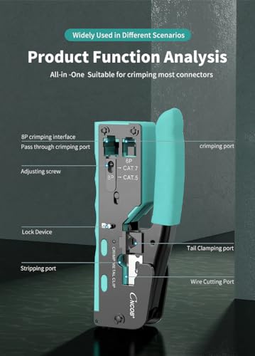 Image of XIKKART RJ45 Crimping Tool Kit, Passthrough Cat7 Cat6A Cat6 Cat5E Cat5 RJ45 Ethernet Crimp Tool with 10PCS Cat7 Pass Through Connectors 10PCS Cat6 Pass Through Connectors 10PCS Covers 1 Network Tester