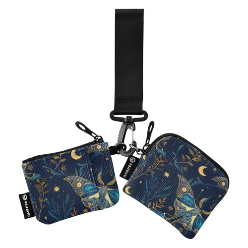 Blue Moth Pattern Mini Zip Around Wristlet Wallets with Detachable Women Dual Pouch